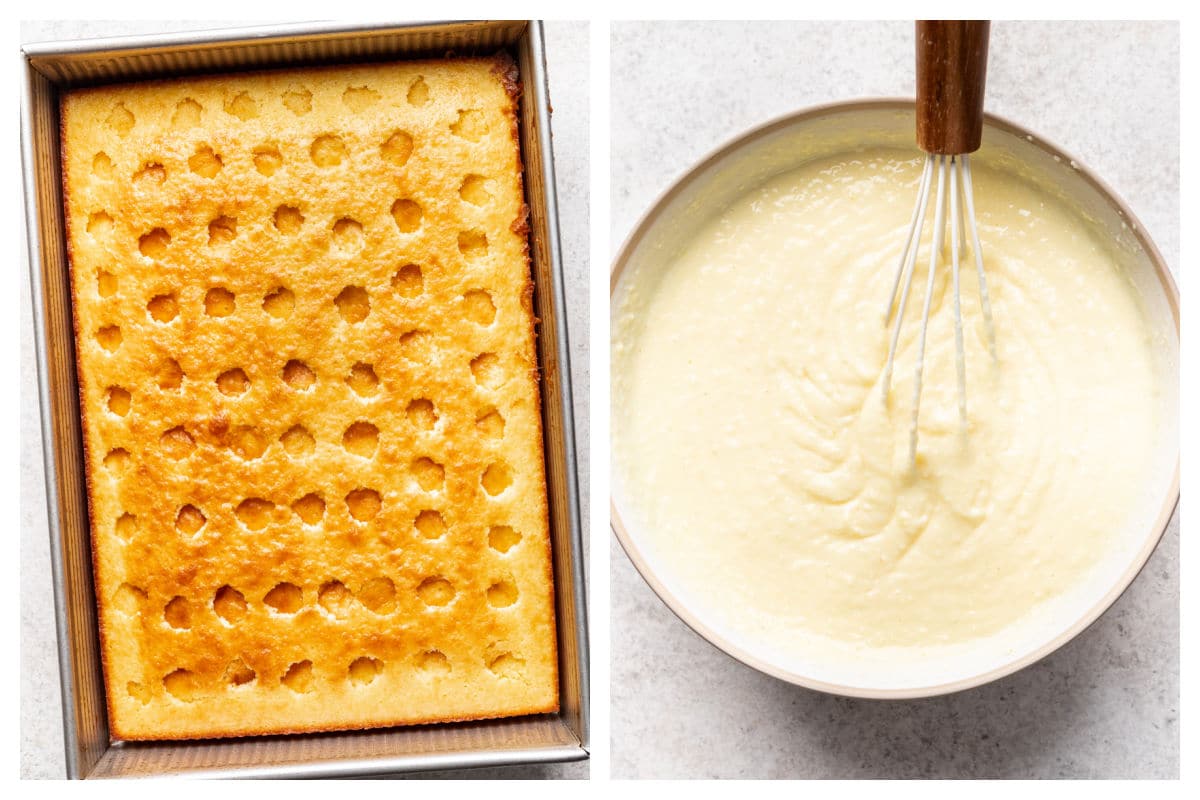 A baked yellow cake with holes poke in it next to a bowl of banana pudding.