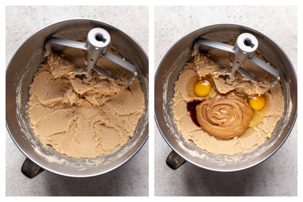 Beurre battu et sucres dans un bol de mélange à côté des œufs et du mélange de sucre.