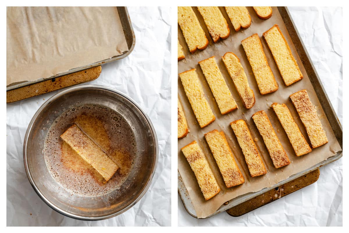 A stick of brioche bread in egg custard mixture next to unbaked French toast sticks on a baking sheet. 