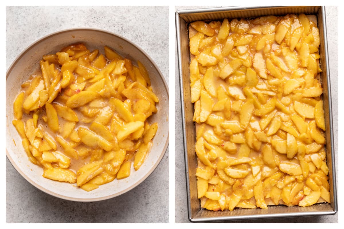 Peach crumb bars - I eat the heart Fill peaches in a mixture of mixing next to the filling in the baking frying pan.