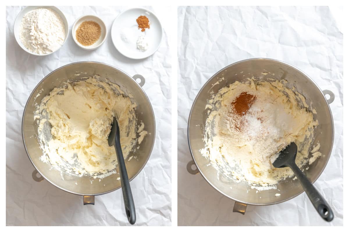 Egg and vanilla mixed into creamed butter next to dry ingredients on creamed mixture.