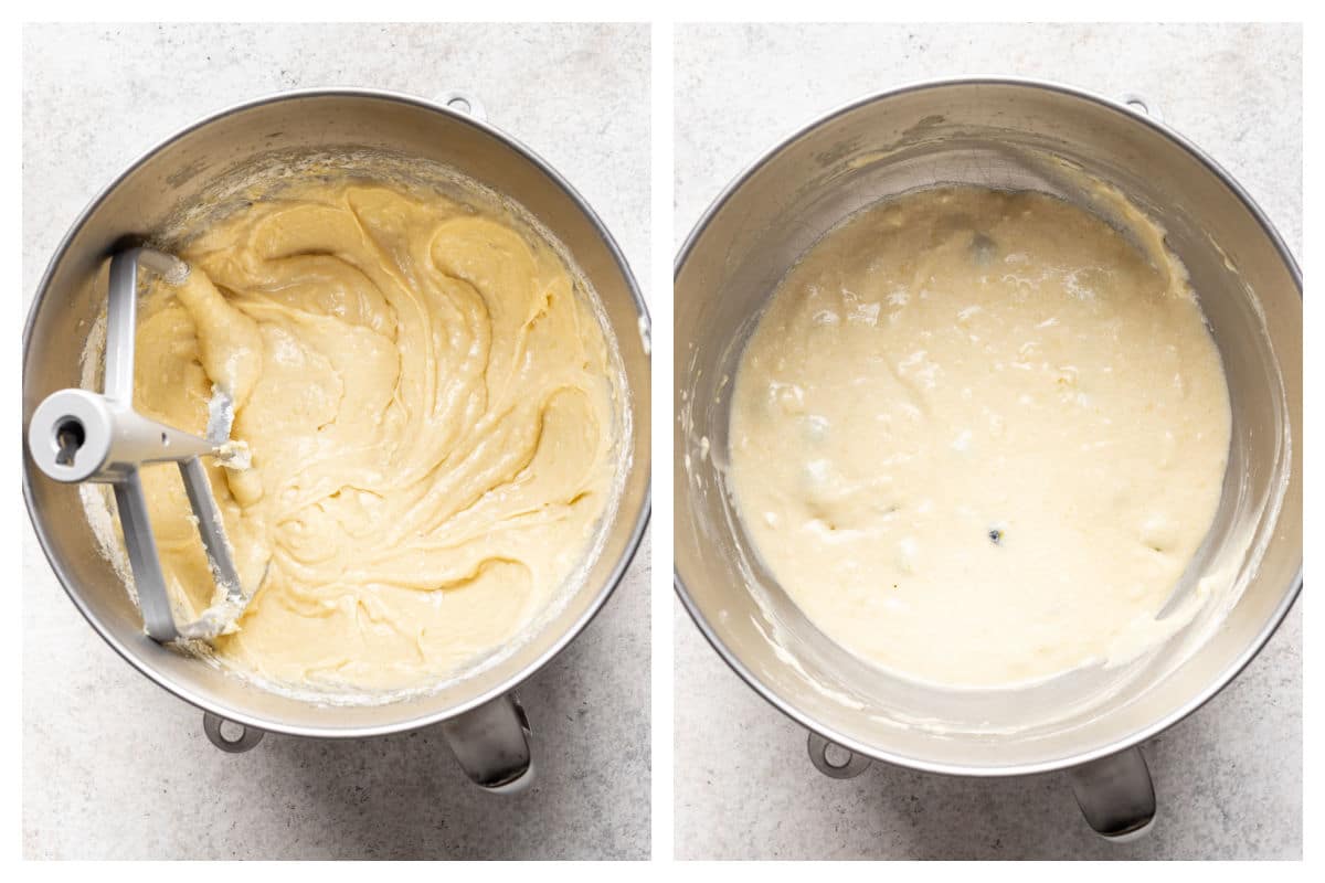 Oil lemon and sugar mixed into beaten butter next to eggs and lemon juice mixed into wet mixture.