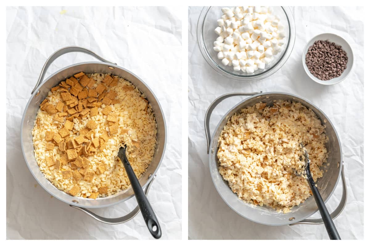 Rice Krispie and Golden Graham cereals on melted marshmallows.