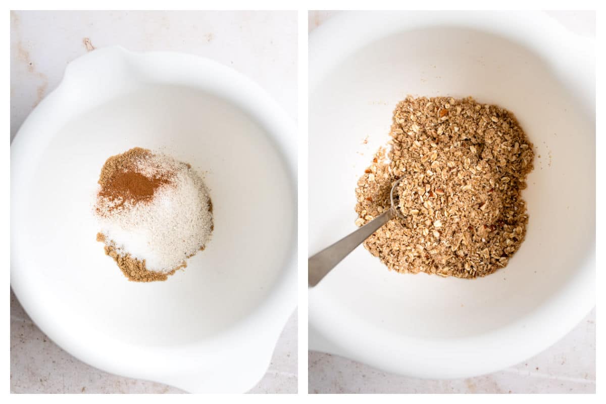 Ingredients for cherry crisp topping in a mixing bowl. 