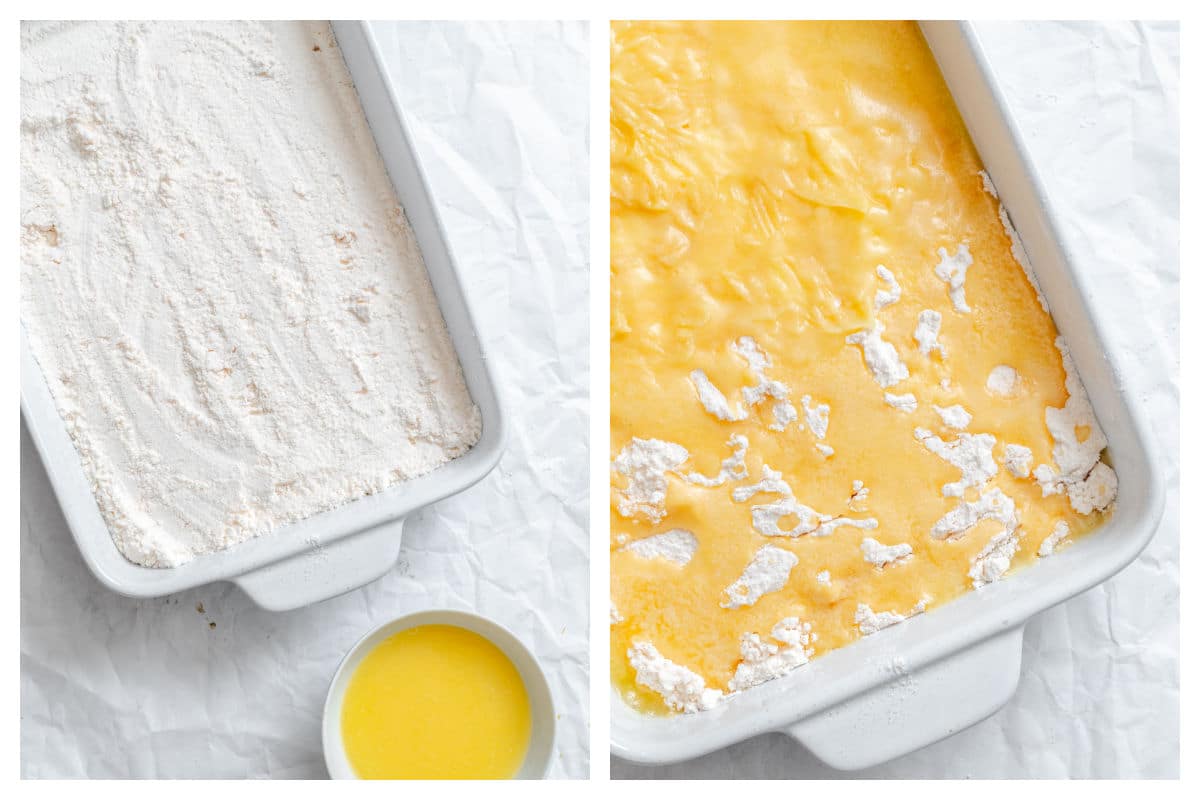 A layer of dry cake mix over peaches in a pan next to melted butter poured over the cake mix.