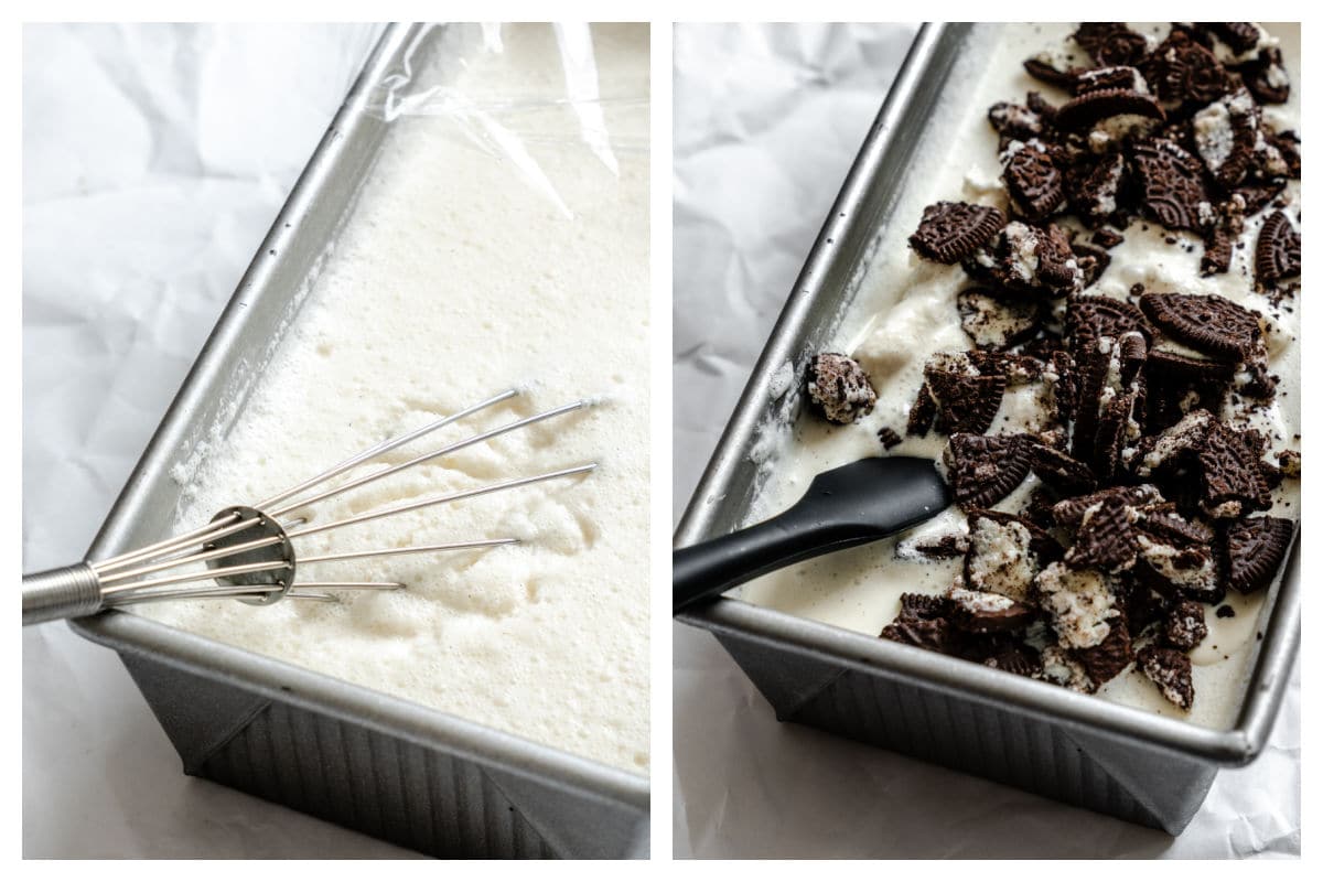 A whisk whisking cream mixture in a loaf pan next to chopped oreos on the ice cream mixture.