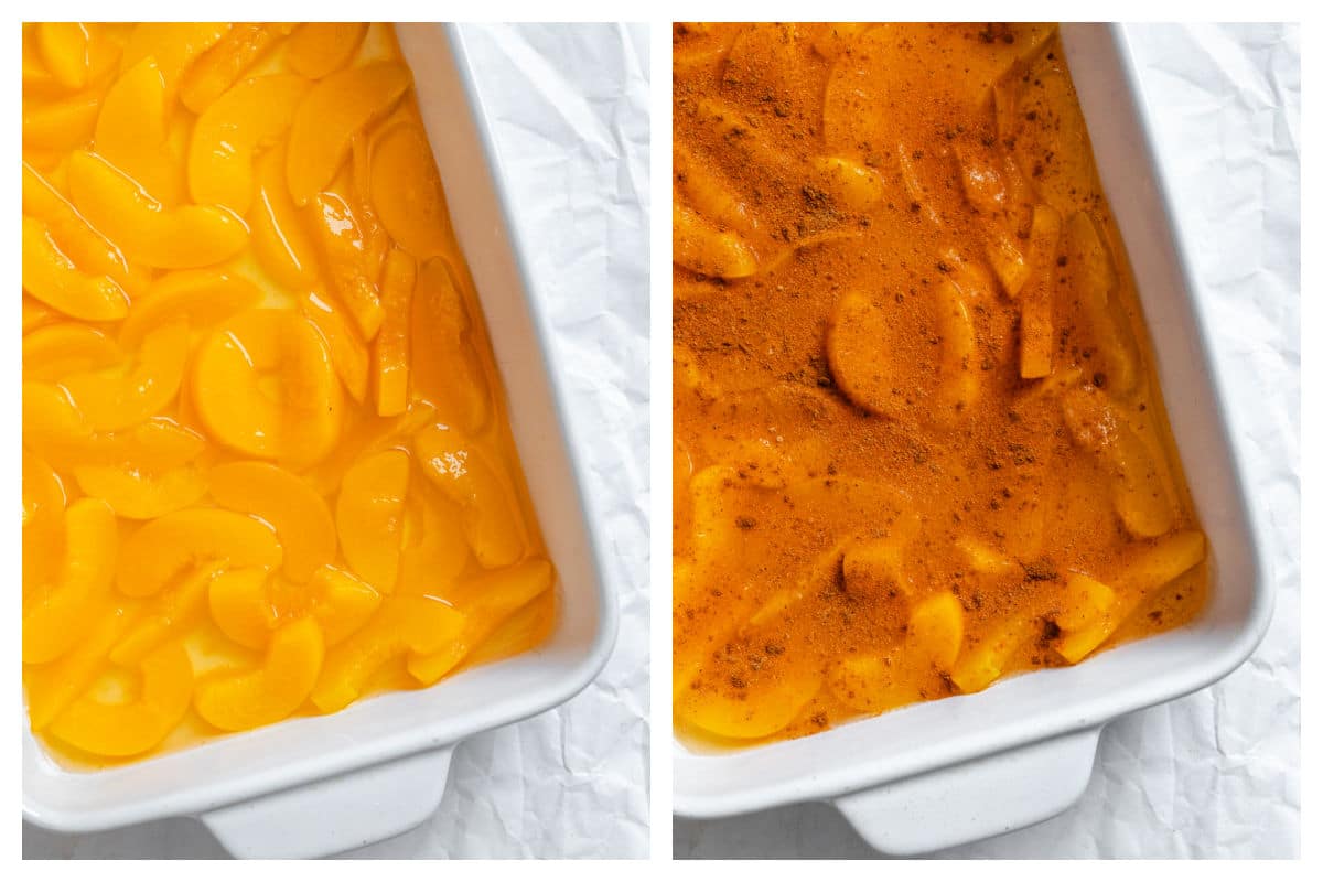 Peaches in a pan next to spices over peaches in a pan.