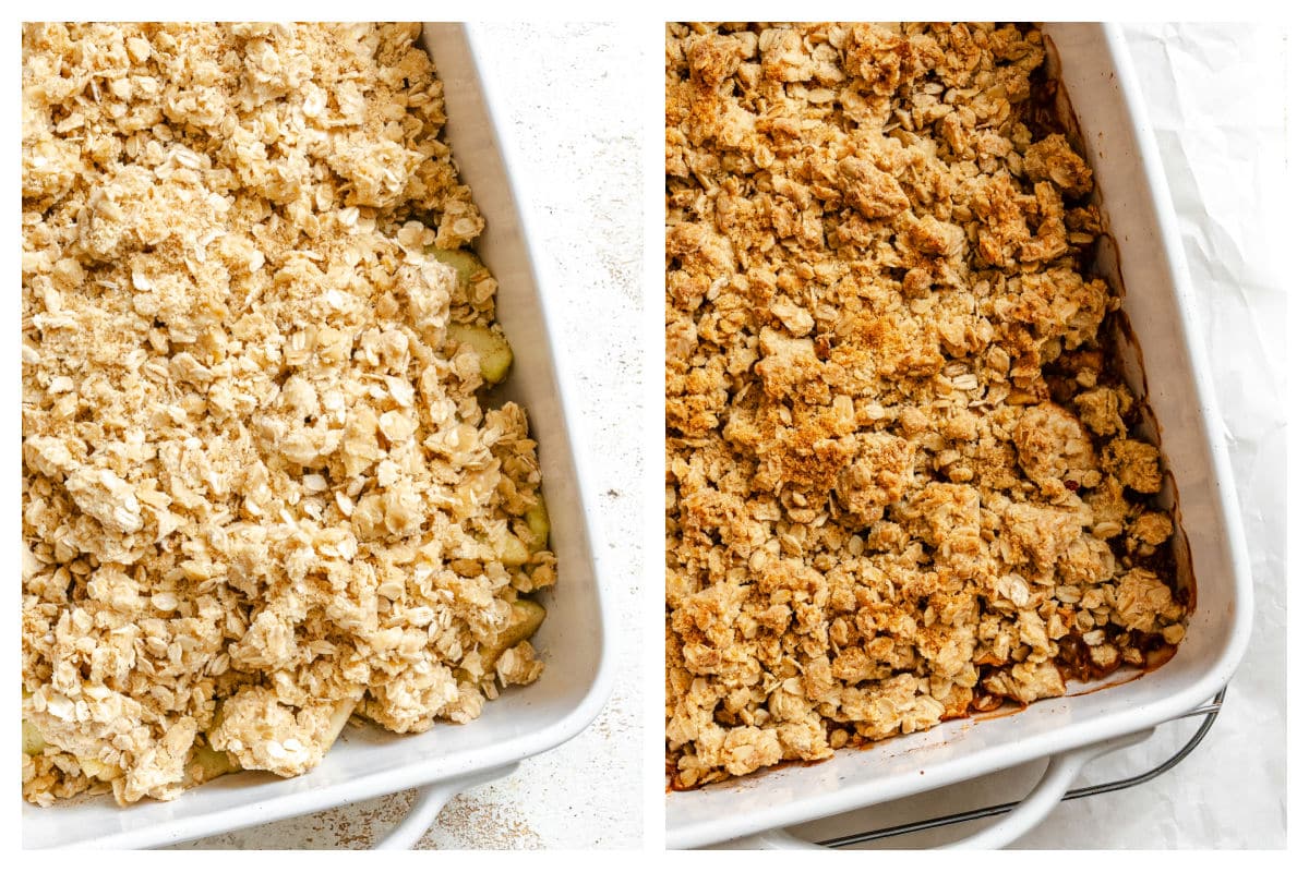 Pan of unbaked apple crisp next to a pan of baked crisp. 