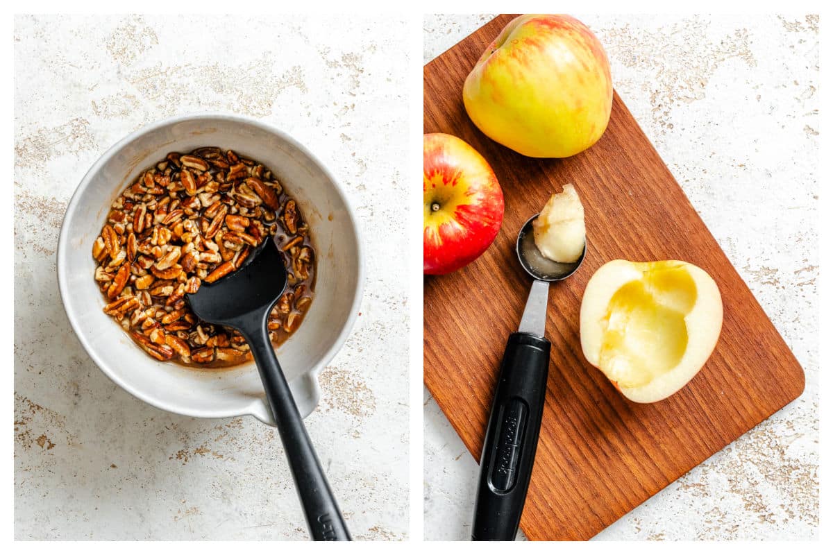 Nut filling in a bowl next to a melon baller scooping out the center of an apple.