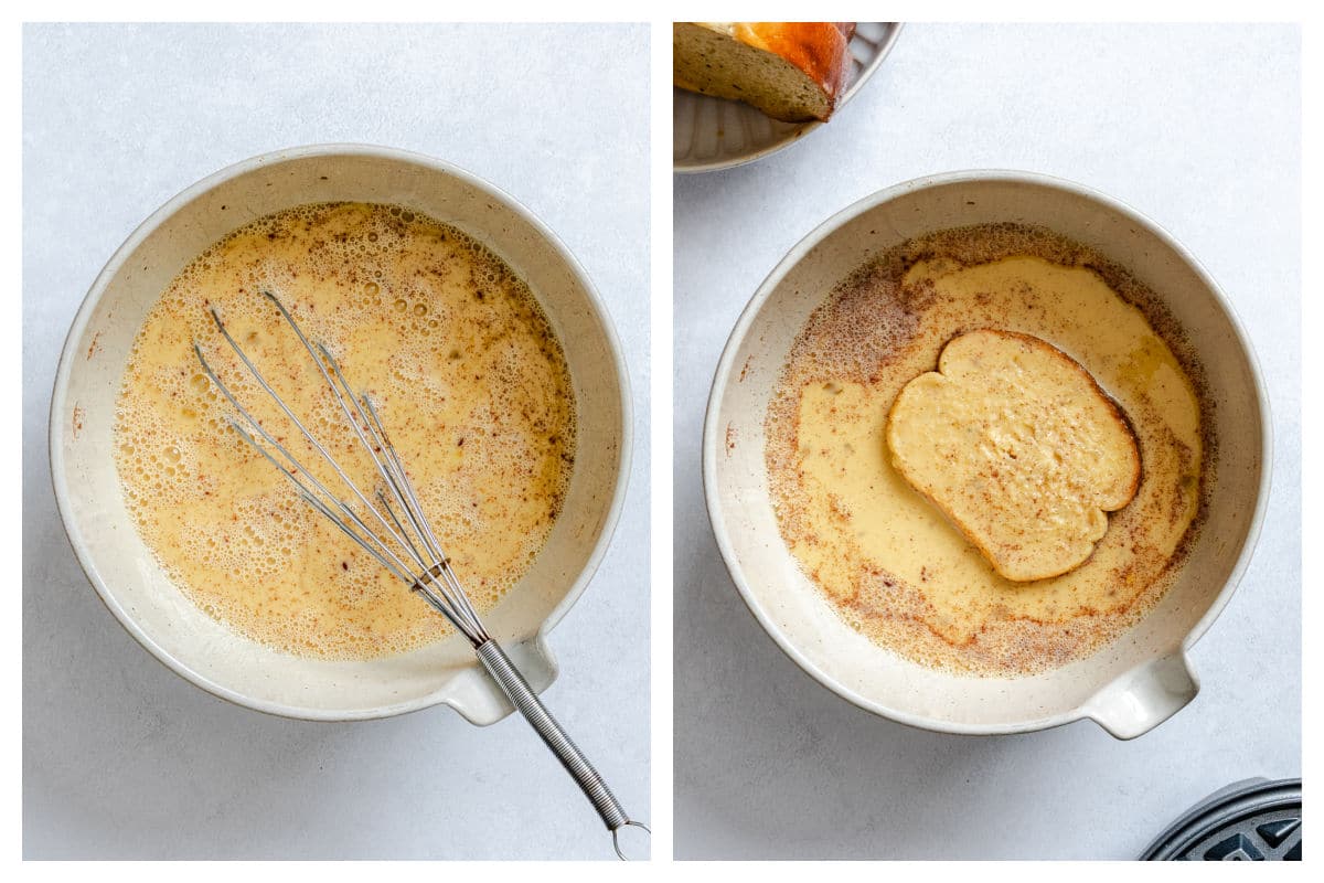 Egg mixture in a mixing bowl next to a piece of bread in the egg mixture.