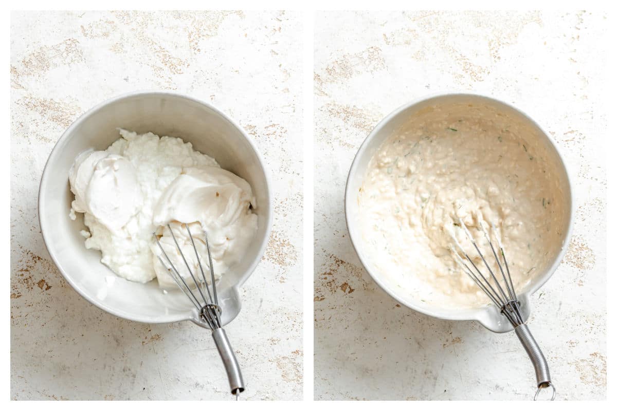 Greek yogurt cottage cheese and mayo in a bowl next to a bowl of mixed cottage cheese dip. 