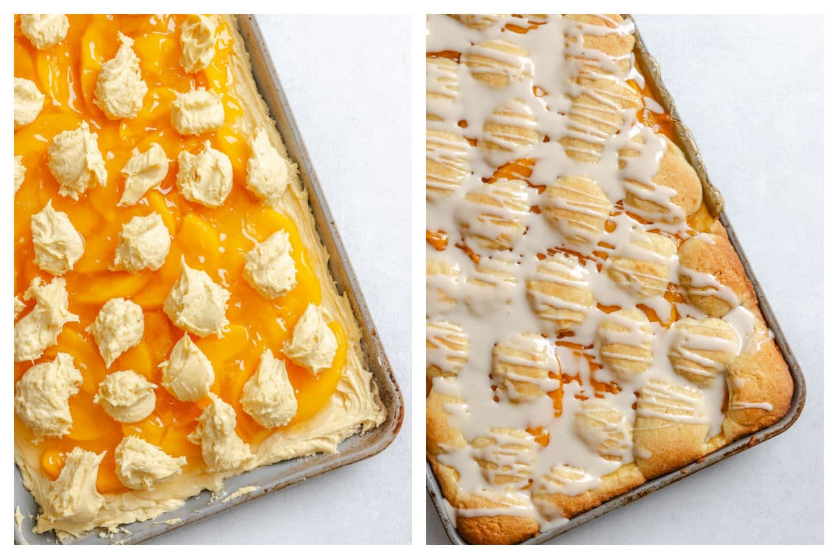 Dough dropped over peach pie filling in a pan next to baked and iced peach pie bars in a pan.