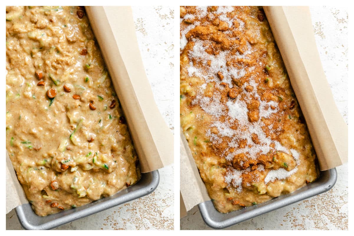 Whole wheat zucchini bread batter in a pan next to batter topped with cinnamon sugar.
