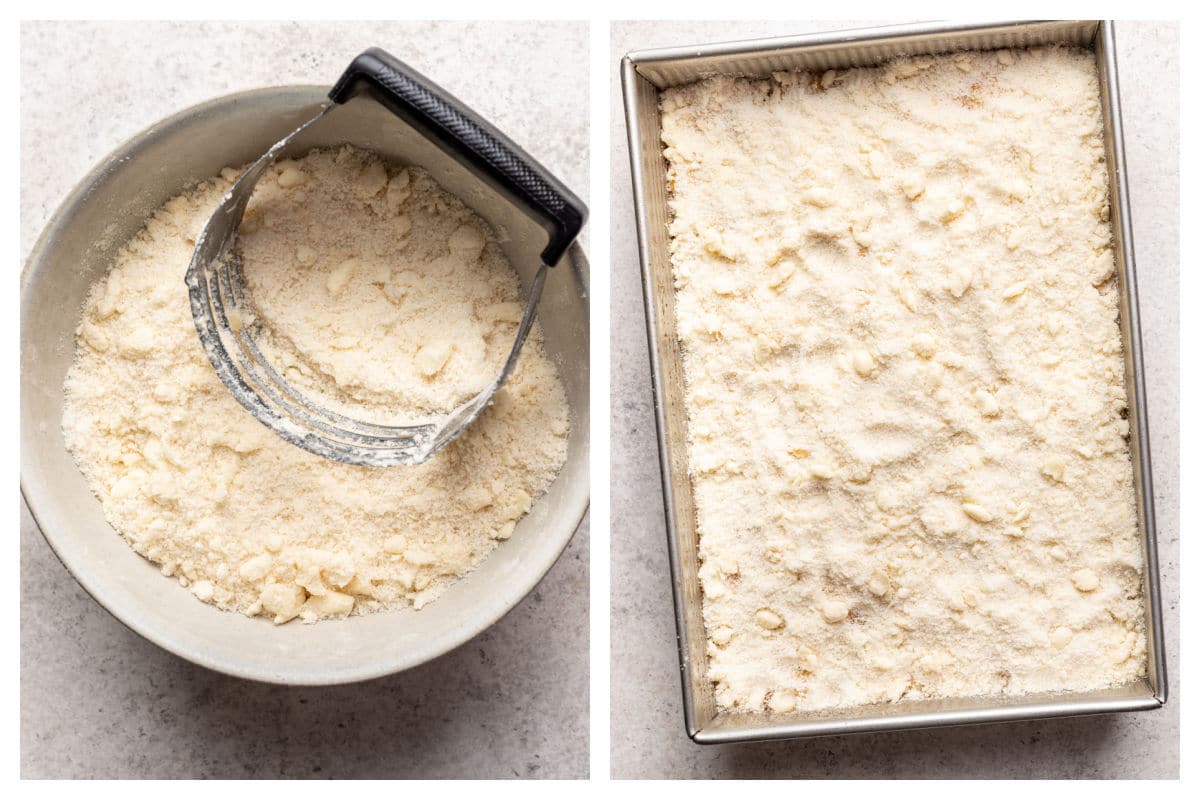 Peach crumb bars - I eat the heart Pastry cutter cuts the butter in crumbs to come next to the peach in a frying pan.