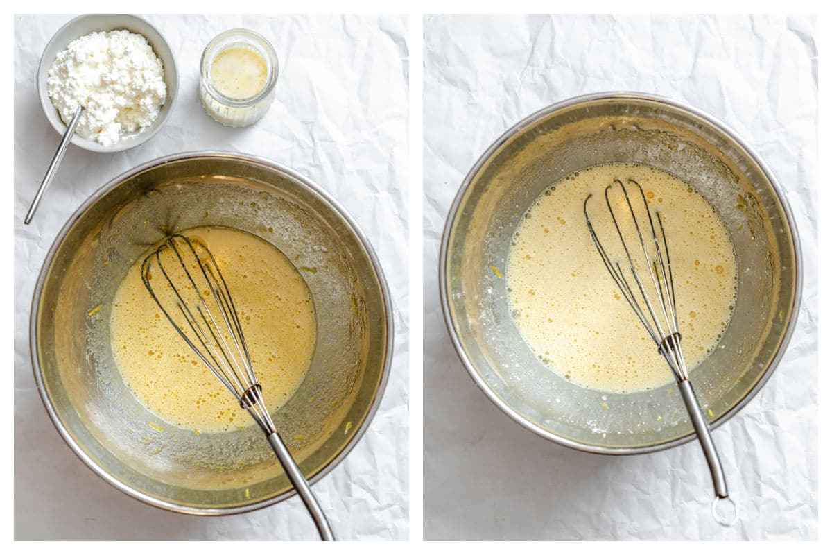 Egg oil and sugar created together next to the cheese and milk added to the mixture. 