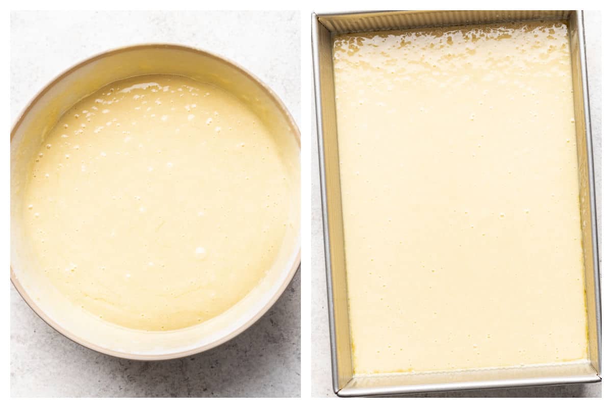 Yellow cake batter in a mixing bowl next to a pan with yellow cake batter in it.