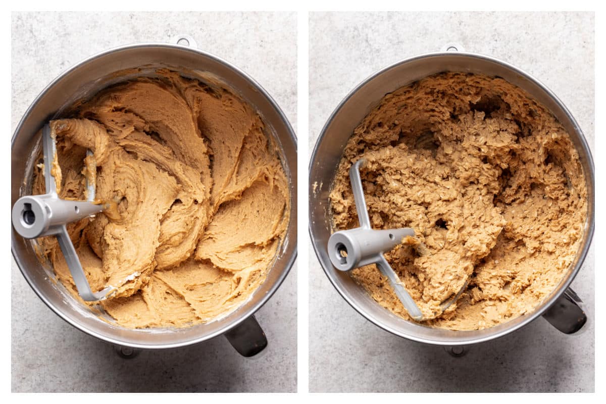 Ingrédients secs mélangés au mélange de beurre et de sucre à côté de flocons d'avoine intégrés dans la pâte à cookies.