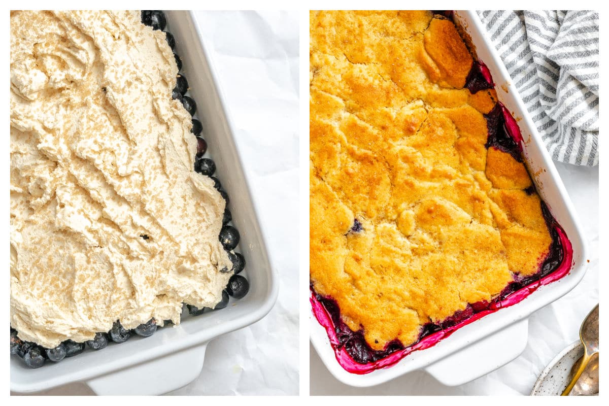 Unbaked blueberry cobbler in a pan next to a pan of baked blueberry cobbler.