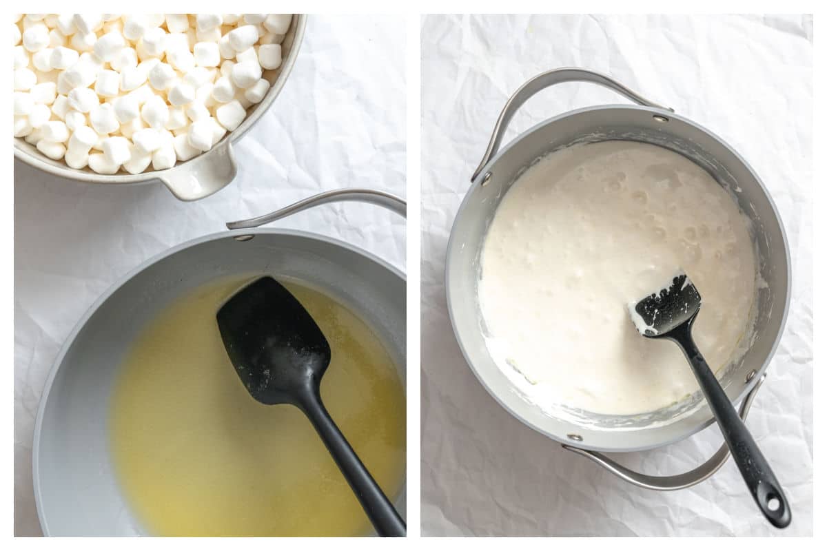 Melted butter in a pot next to melted marshmallow and butter in a pot.
