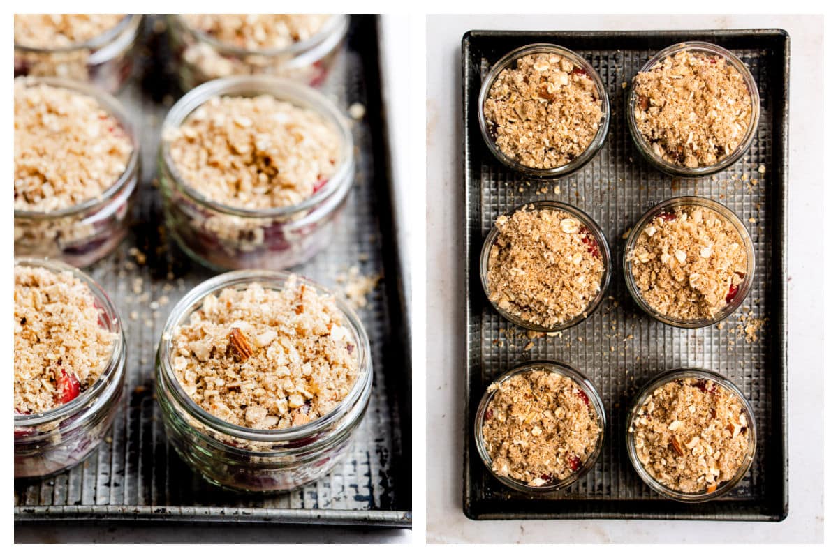Unbaked cherry crisp in ramekins next to baked cherry crisp. 