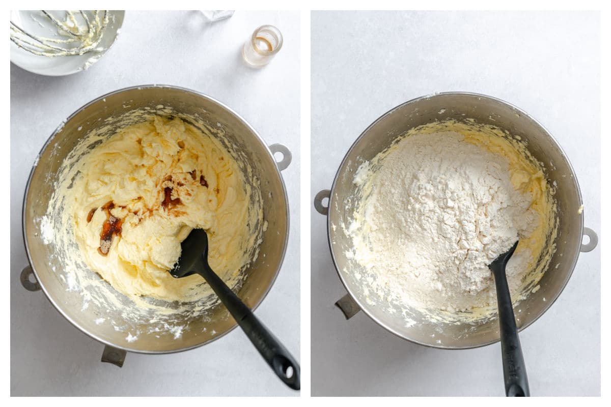 Extracts on creamed butter mixture next to flour on butter mixture.