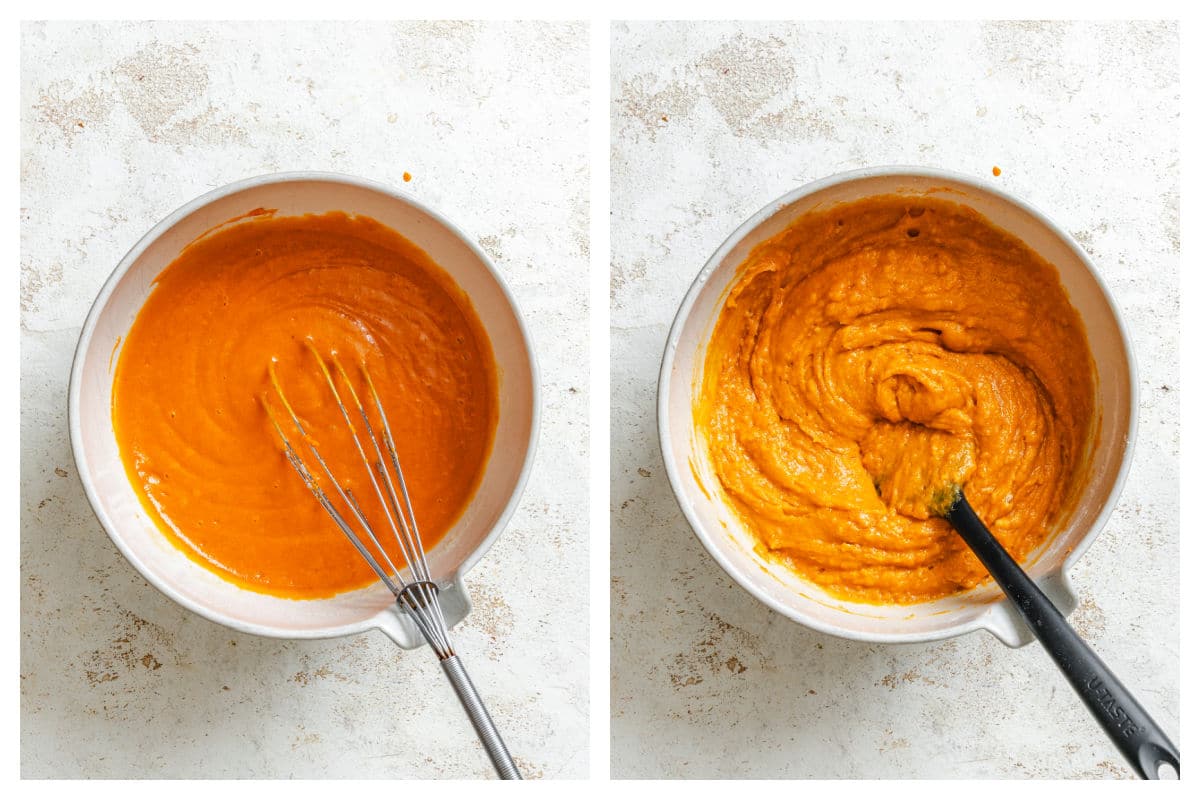 Pumpkin puree mixed into sugar mixture next to pumpkin bread batter in a mixing bowl. 