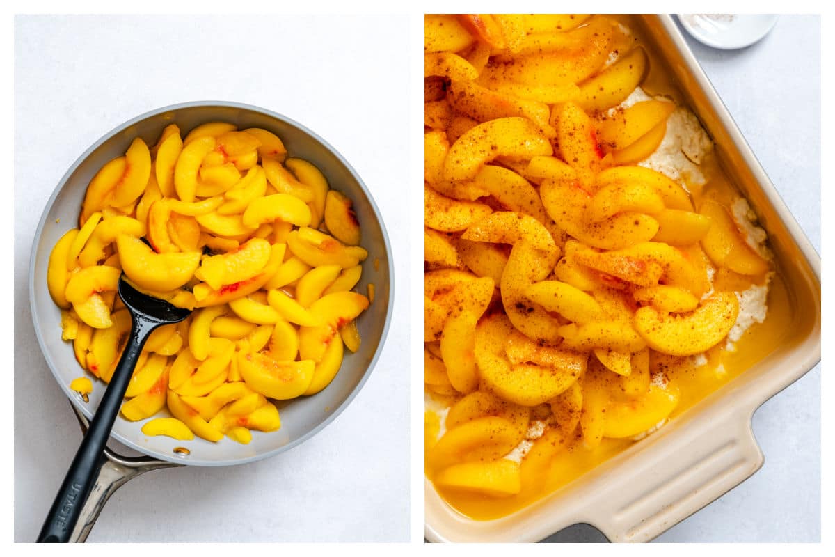 Peach slices in a skillet next to peach slices on cobbler topping in a baking pan.