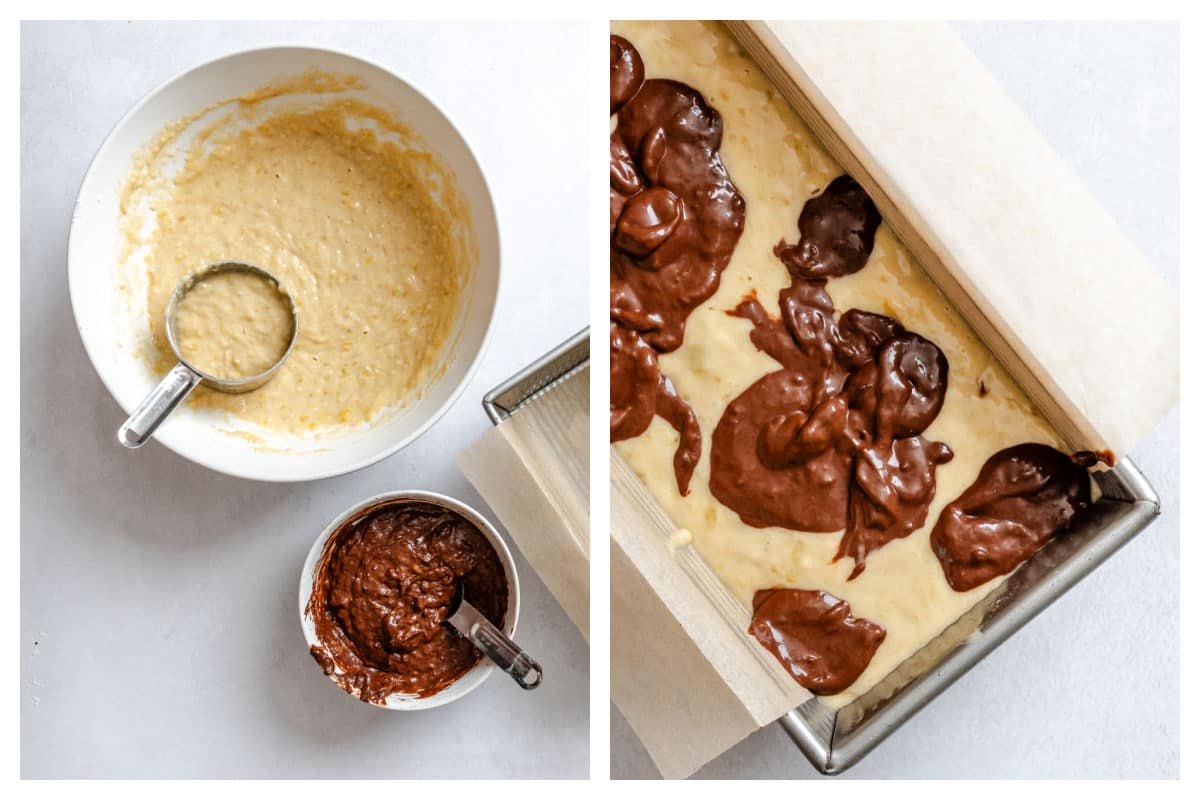 A cup of chocolate banana bread batter next to the plain batter.