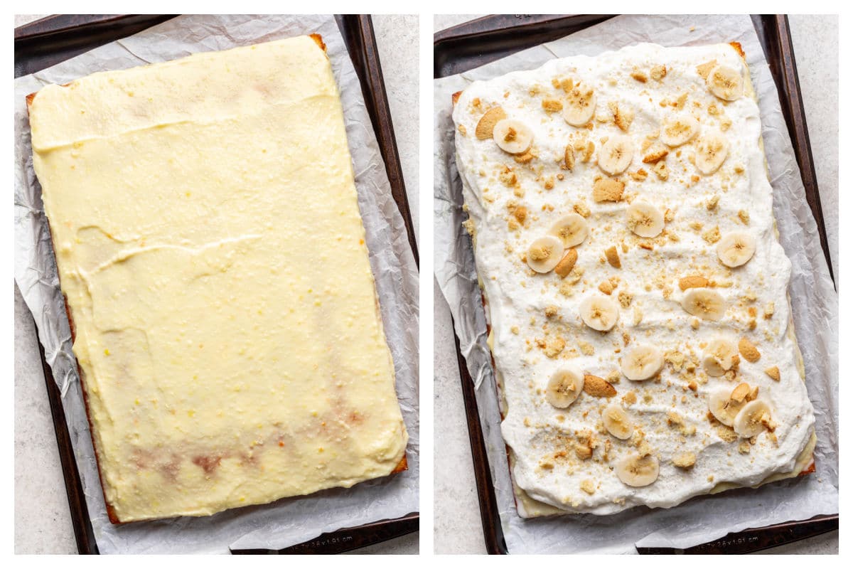 Banana pudding poured over a baked yellow cake next to whipped topping, sliced banana, and vanilla wafers on the top of the cake.