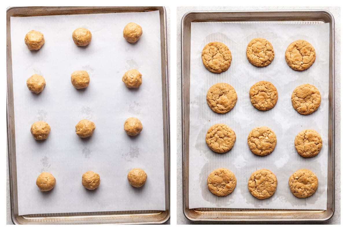 Boules de pâte sur une plaque de cuisson à côté de cookies à la pâte d'arachide cuits.