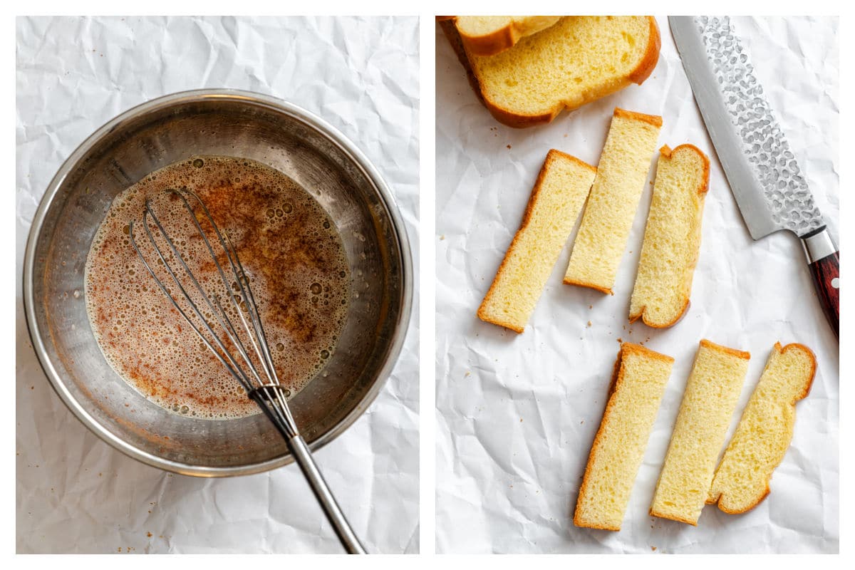 Custard mixture for French toast sticks in a dish next to brioche sliced into sticks. 