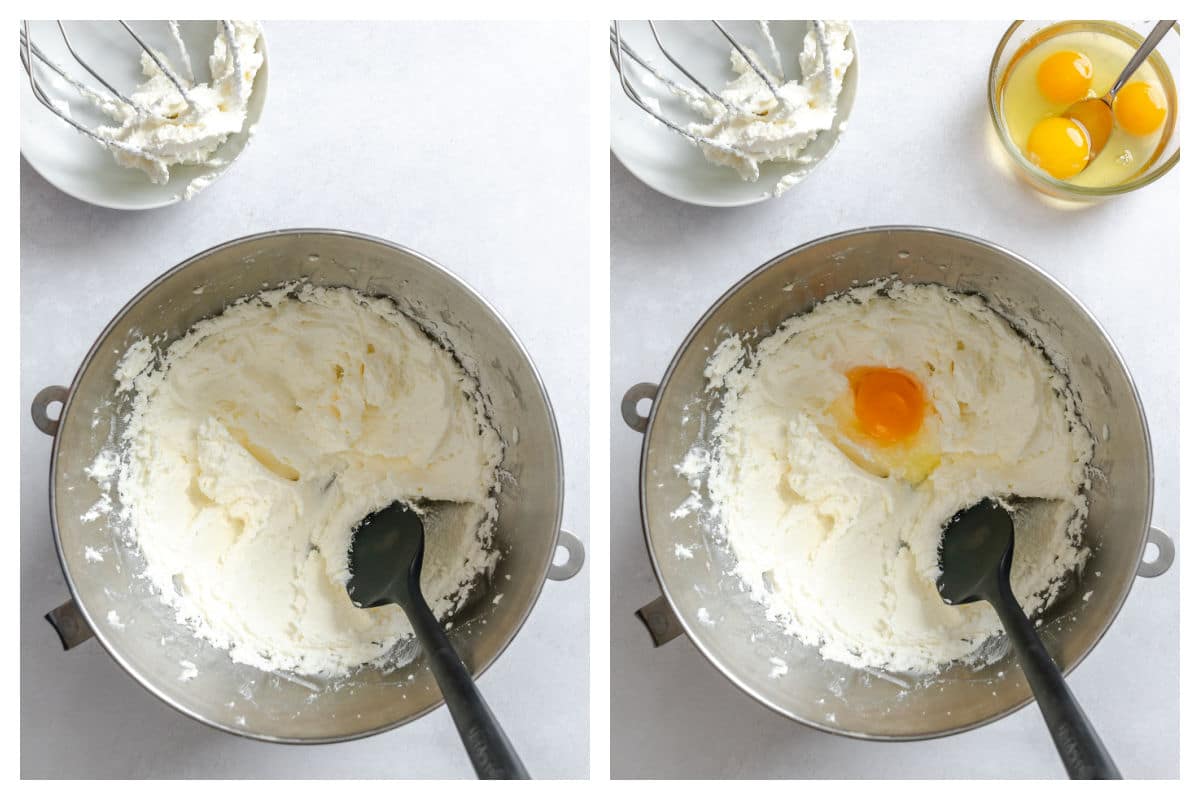 Creamed butter and sugar in a mixing bowl next to eggs on the creamed mixture.