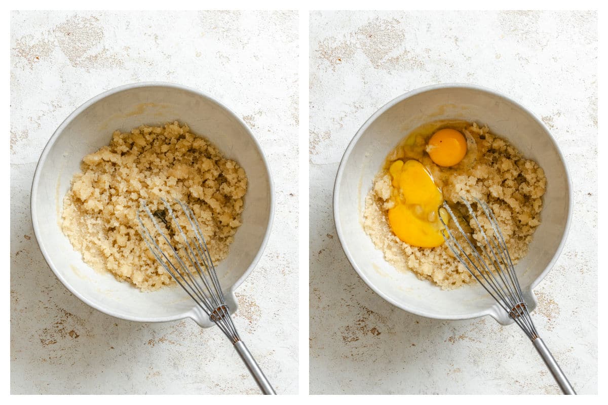 Sugars and oil mixed in a mixing bowl next to eggs on sugar mixture. 