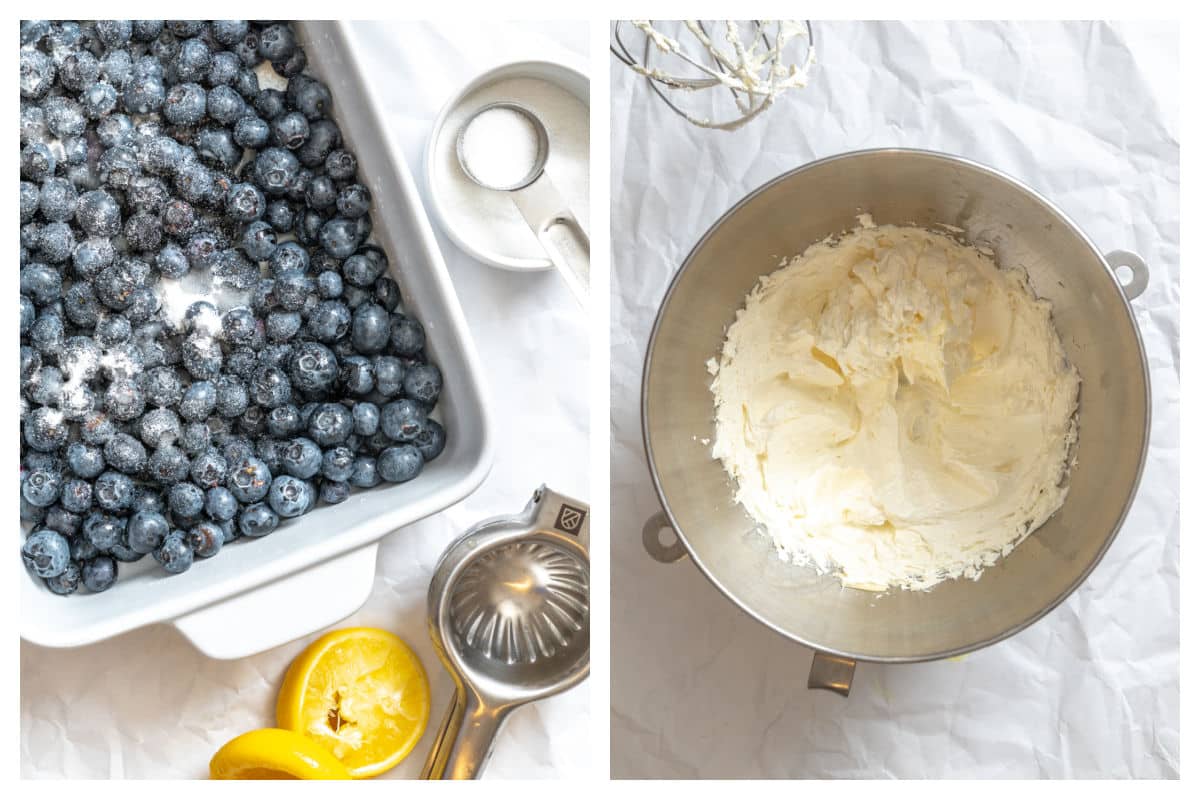 Blueberries sugar and lemon juice in a baking pan next to creamed butter mixture.