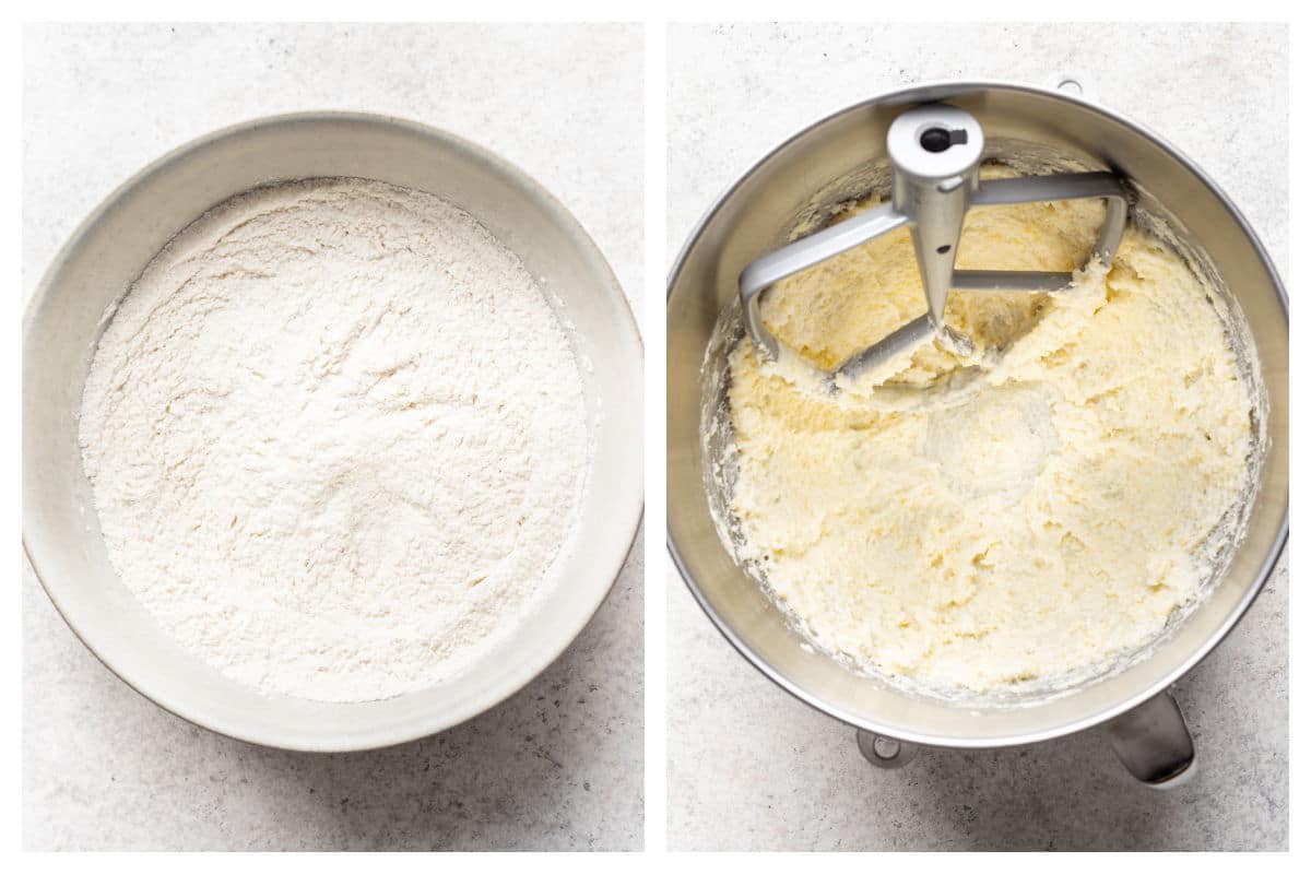 Dry ingredients for lemon blueberry cake in a dish next to beaten butter in a mixing bowl.