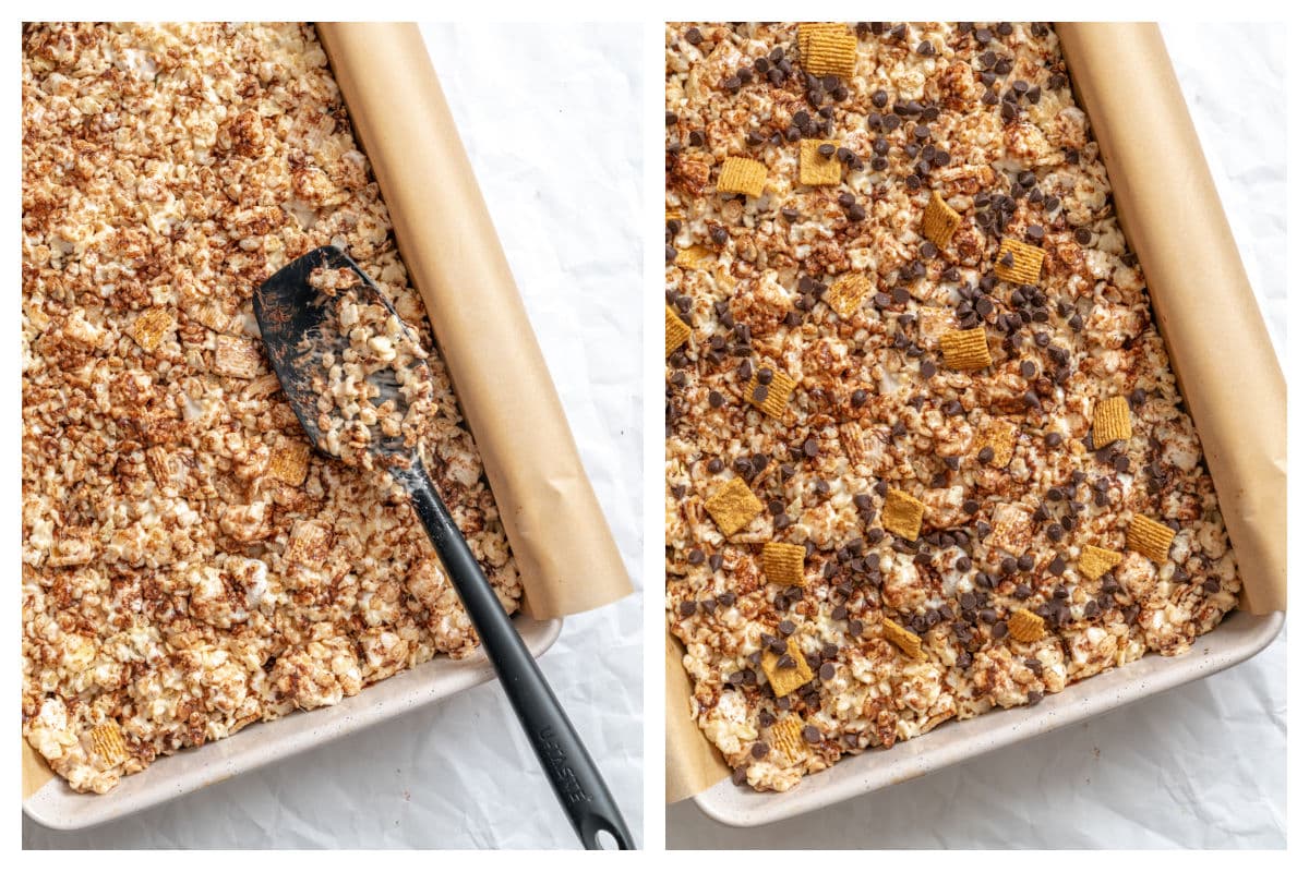 A spatula pressing s'mores Rice Kripsies treats into a pan.