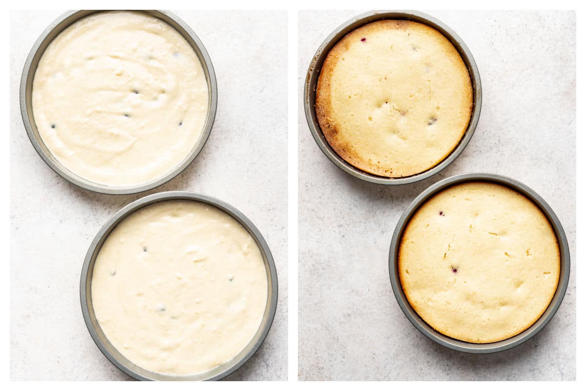 Batter in cake pans for lemon blueberry cake next to the baked cake in pans.
