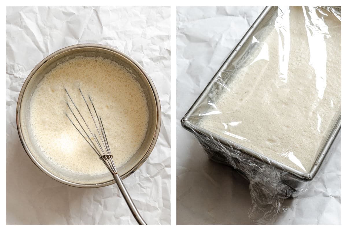 Sugar cream milk and salt mixed in a mixing bowl next to ice cream covered in a loaf pan.
