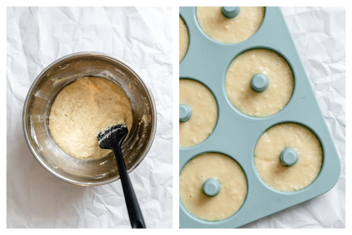 Dry ingredients whisked into wet ingredients next to batter in a donut pan.