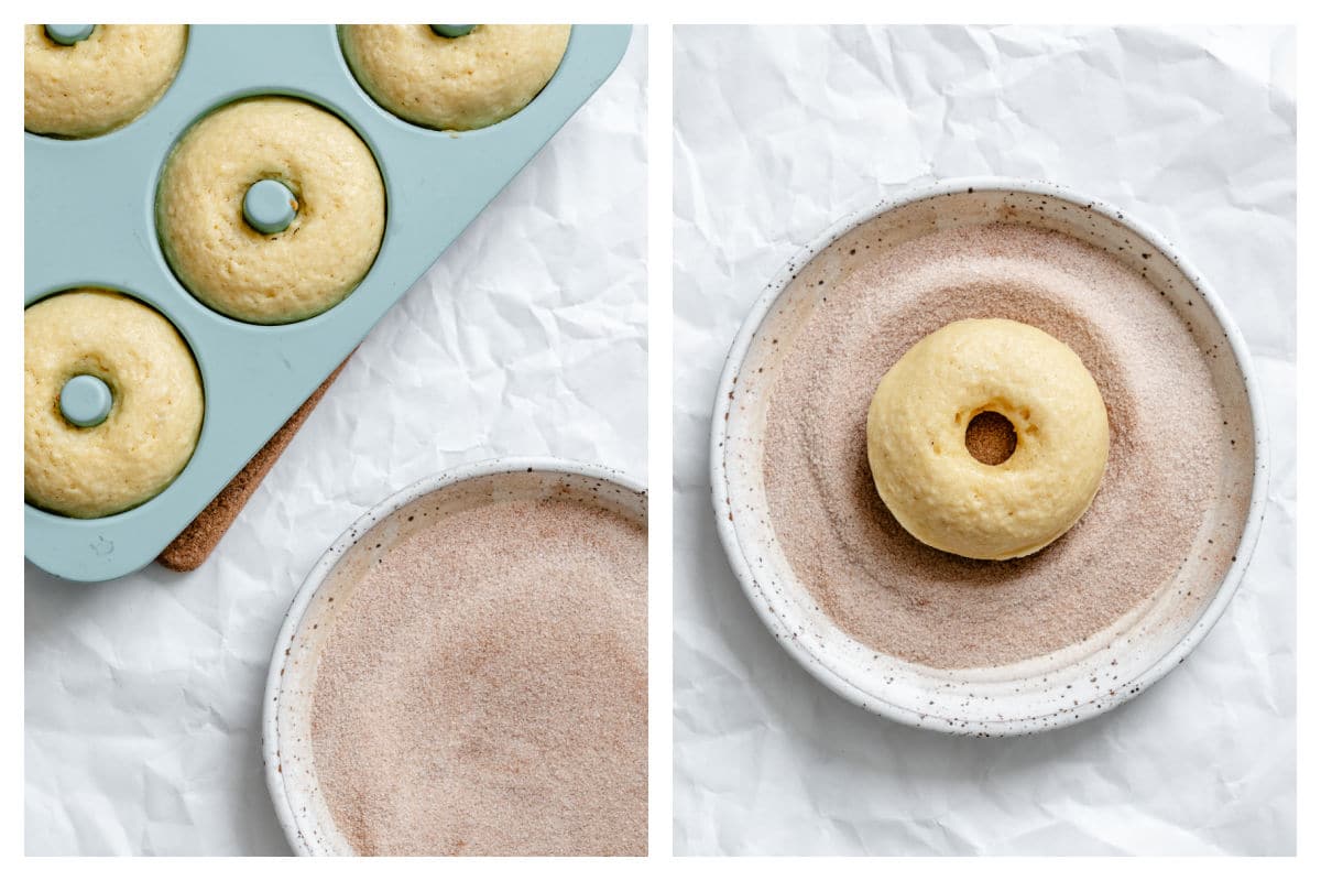 Baked donuts in a pan next to a donut in a dish of cinnamon sugar.