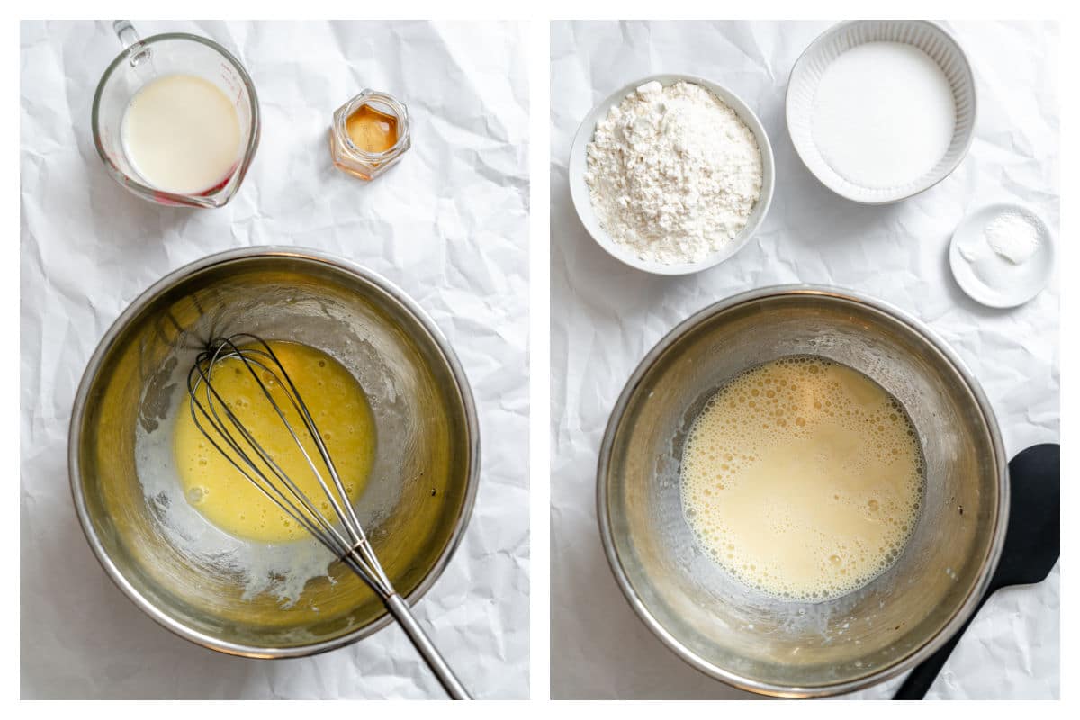 Oil and egg mixed in a bowl next to buttermilk mixed into egg mixture.