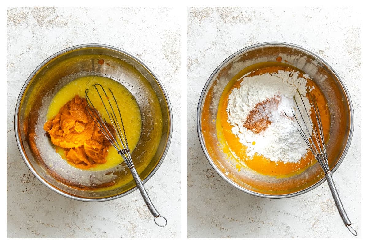 Pumpkin and egg mixture in a bowl next to dry ingredients on pumpkin mixture.