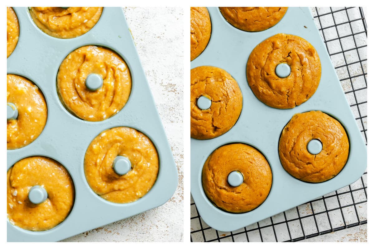 A donut pan of unbaked sweet potato donuts next to a pan of baked donuts. 