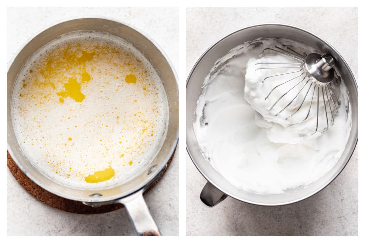 Melted butter and milk in a saucepan next to beaten egg whites in a bowl.