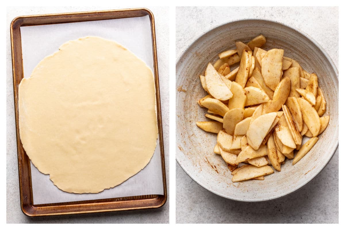Dough rolled out into a circle next to apple slices tossed with sugar and spice.
