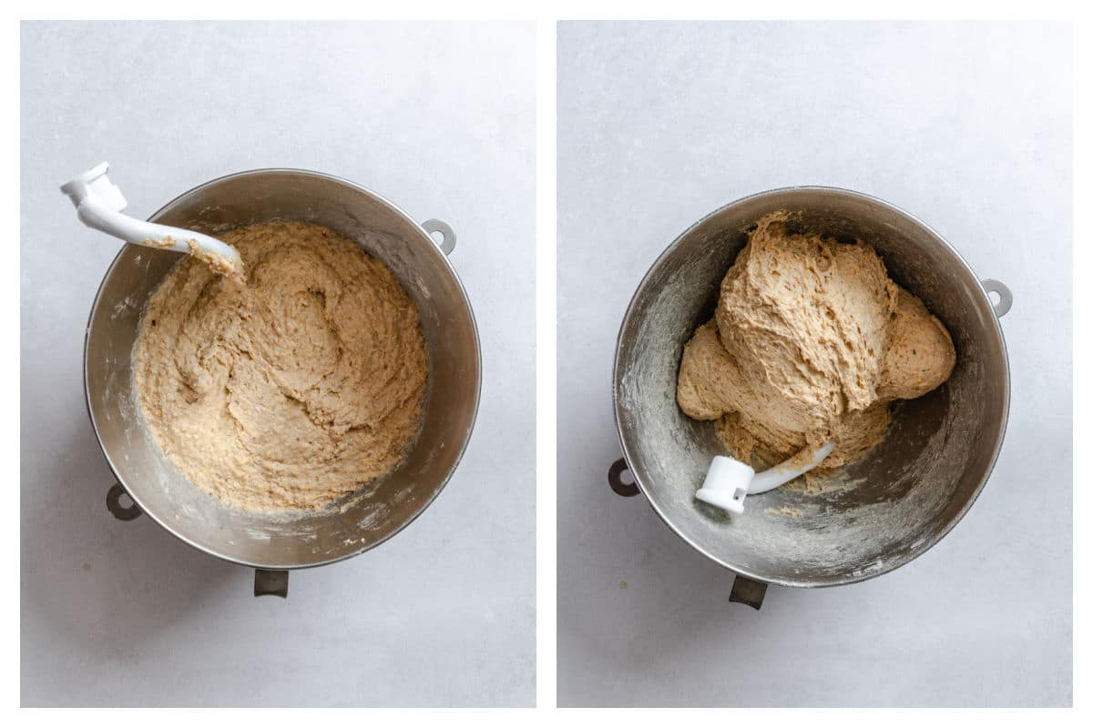 Multigrain bread dough in a mixing bowl next to a bowl of kneaded bread dough.