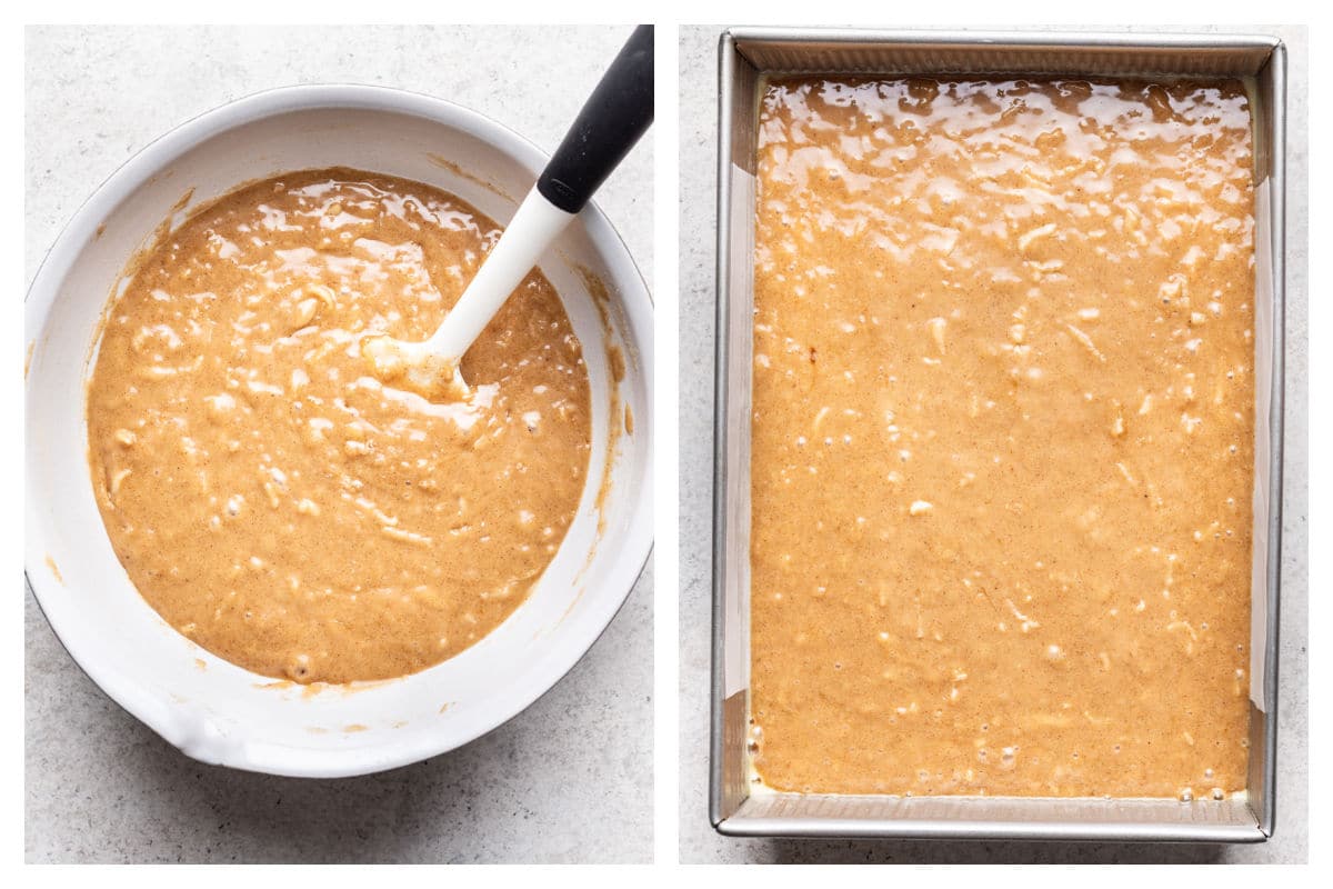 Apple cake batter in a bowl next to the cake batter in a baking pan.