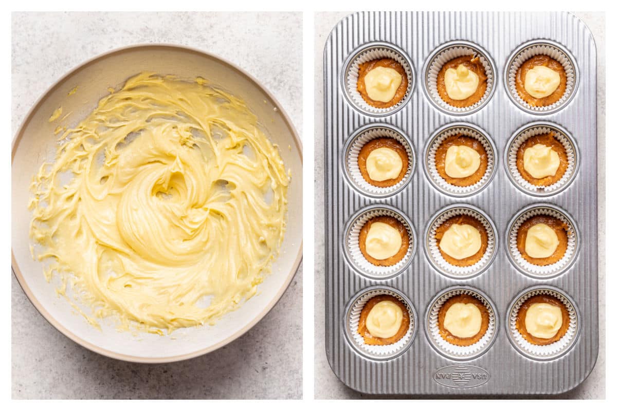 Cream cheese filling in a bowl next to a dollop of cream cheese filling on pumpkin batter.