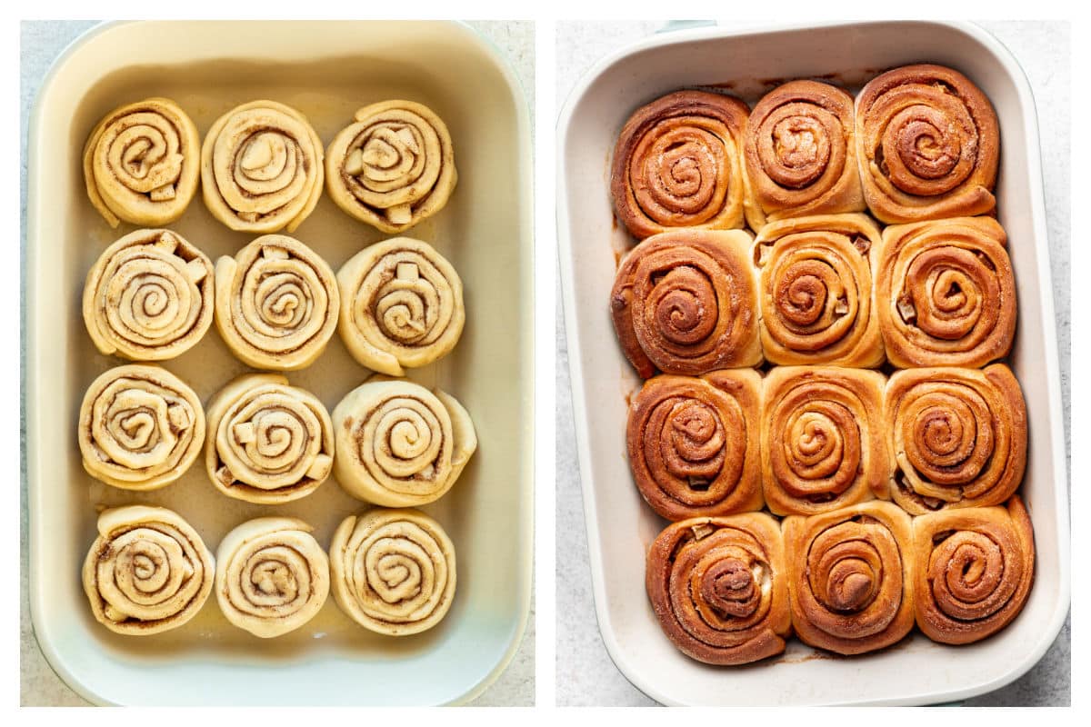 Unbaked apple cinnamon rolls in a pan next to baked apple cinnamon rolls in a pan.
