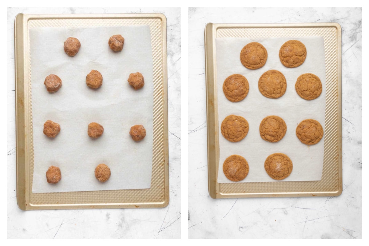 Scoops of pumpkin snickerdoodle dough on a baking sheet next to baked pumpkin snickerdoodles. 